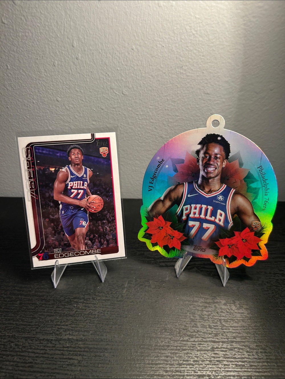 Topps VJ Edgecomb Philadelphia 76ers Rookie card and oversized Die-cut Ornament